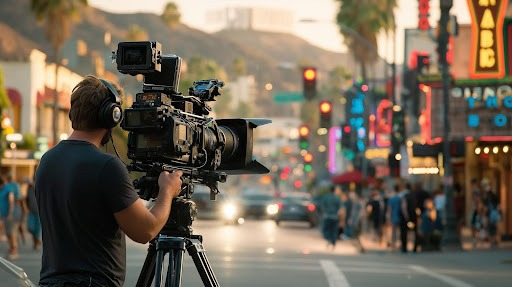 Person on set filming a movie.
