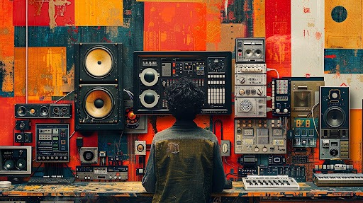 Person looking at a range of sound system equipment.