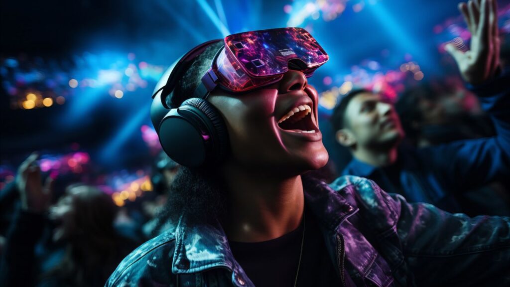 Fans experiencing a virtual concert performance with immersive digital visuals